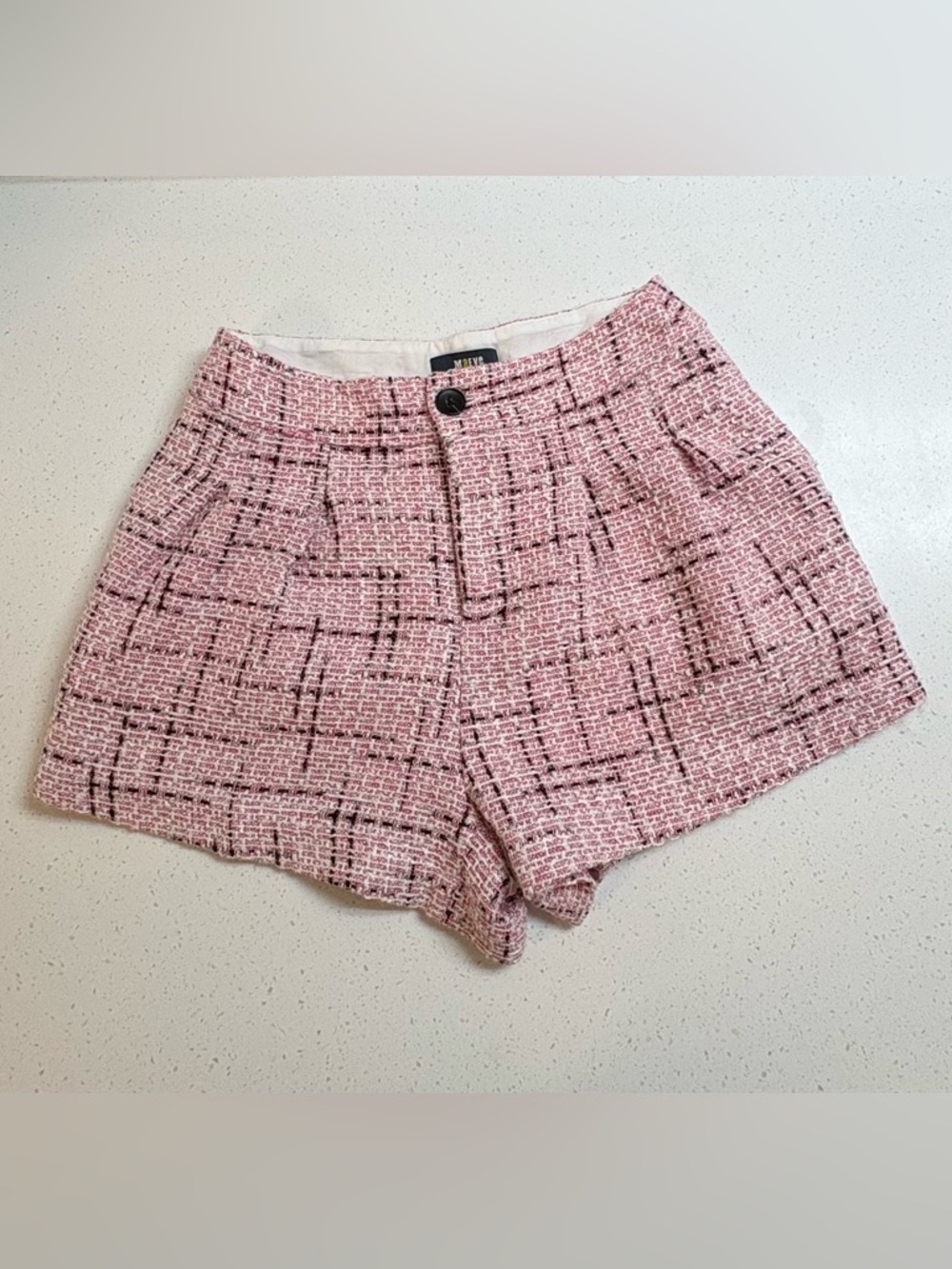 Maeve by Anthropologie Pink Plaid Tweed High-Waist Shorts Size 0